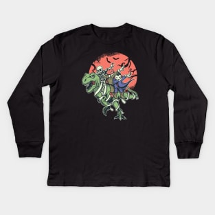 Fun Halloween Dabbing Vampire, Skeleton & Jack-o-Lantern Riding a T-Rex Kids Long Sleeve T-Shirt